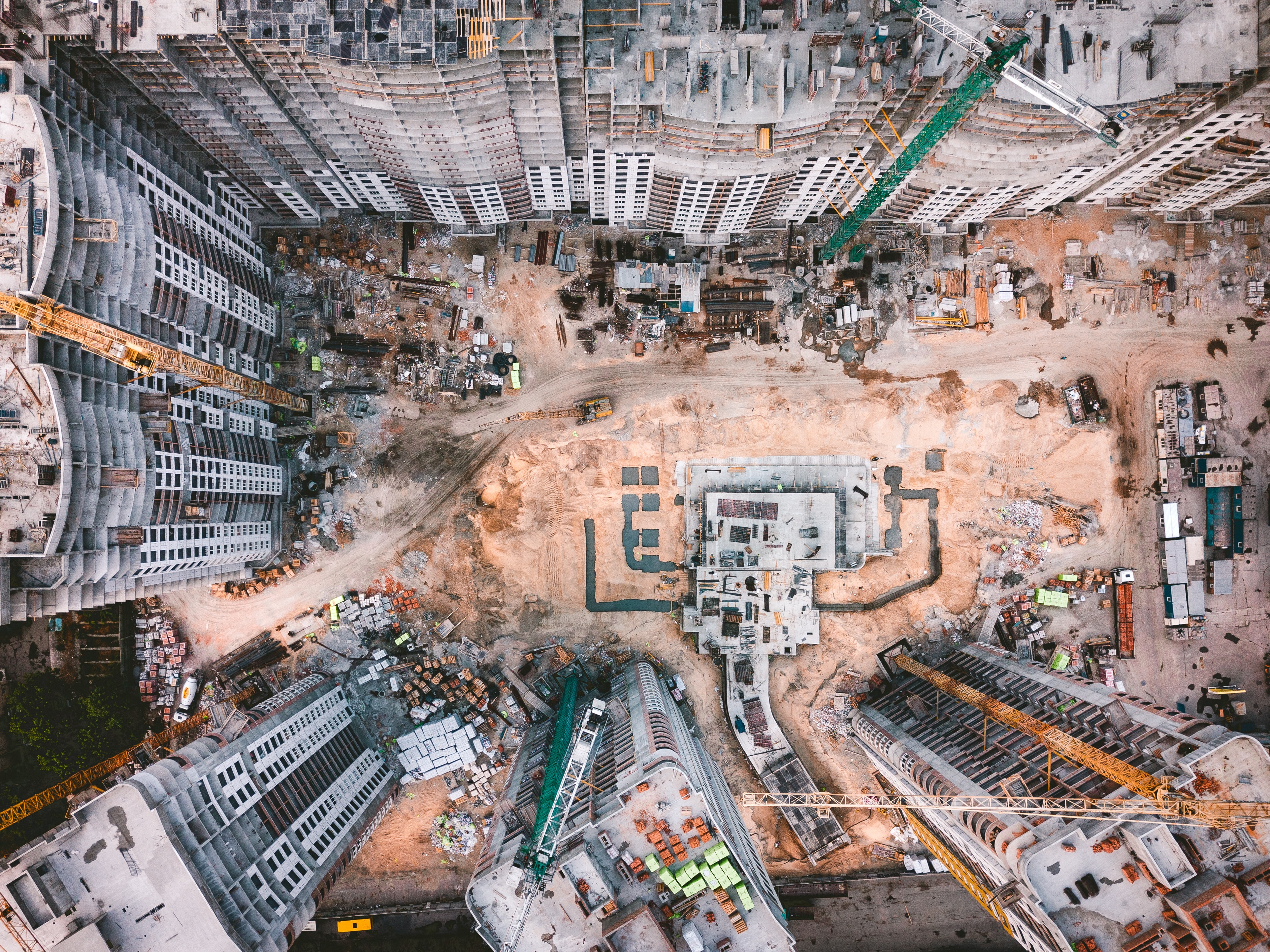 Birds eye view of construction scene.