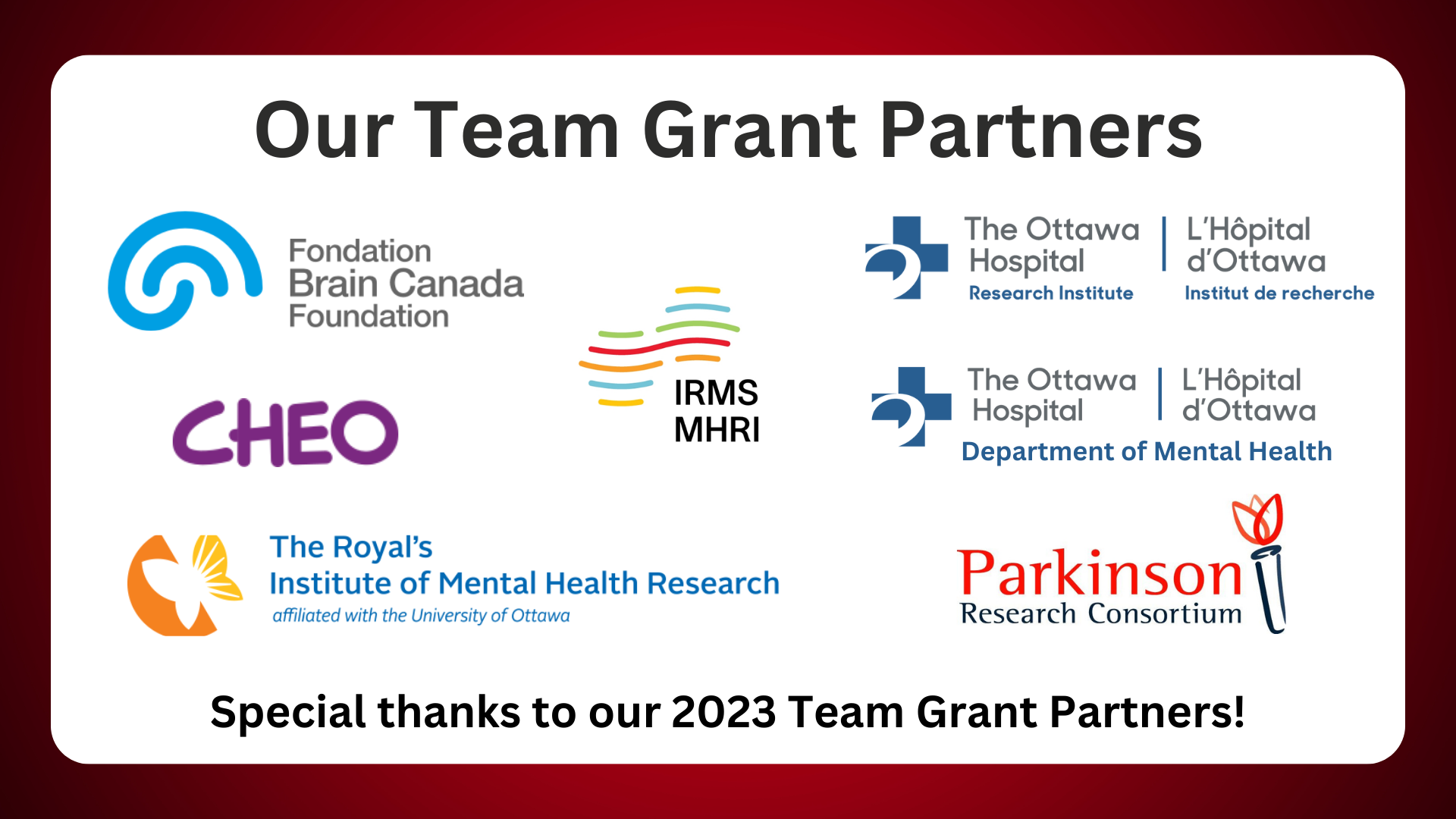 "Our Team Grant Partners" with logos for Brain Canada Foundation , Cheo, The royal institute of Mental Health Research, MHRI, Parkinson Research Consortium, The Ottawa hospital and the Ottawa hospital department of Mental Health.