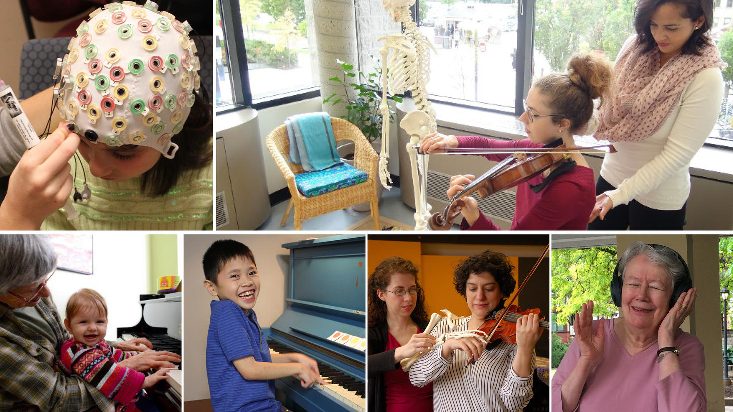 A photo montage showing the benefits of music and music therapy on physical, sensory, cognitive and mental health
