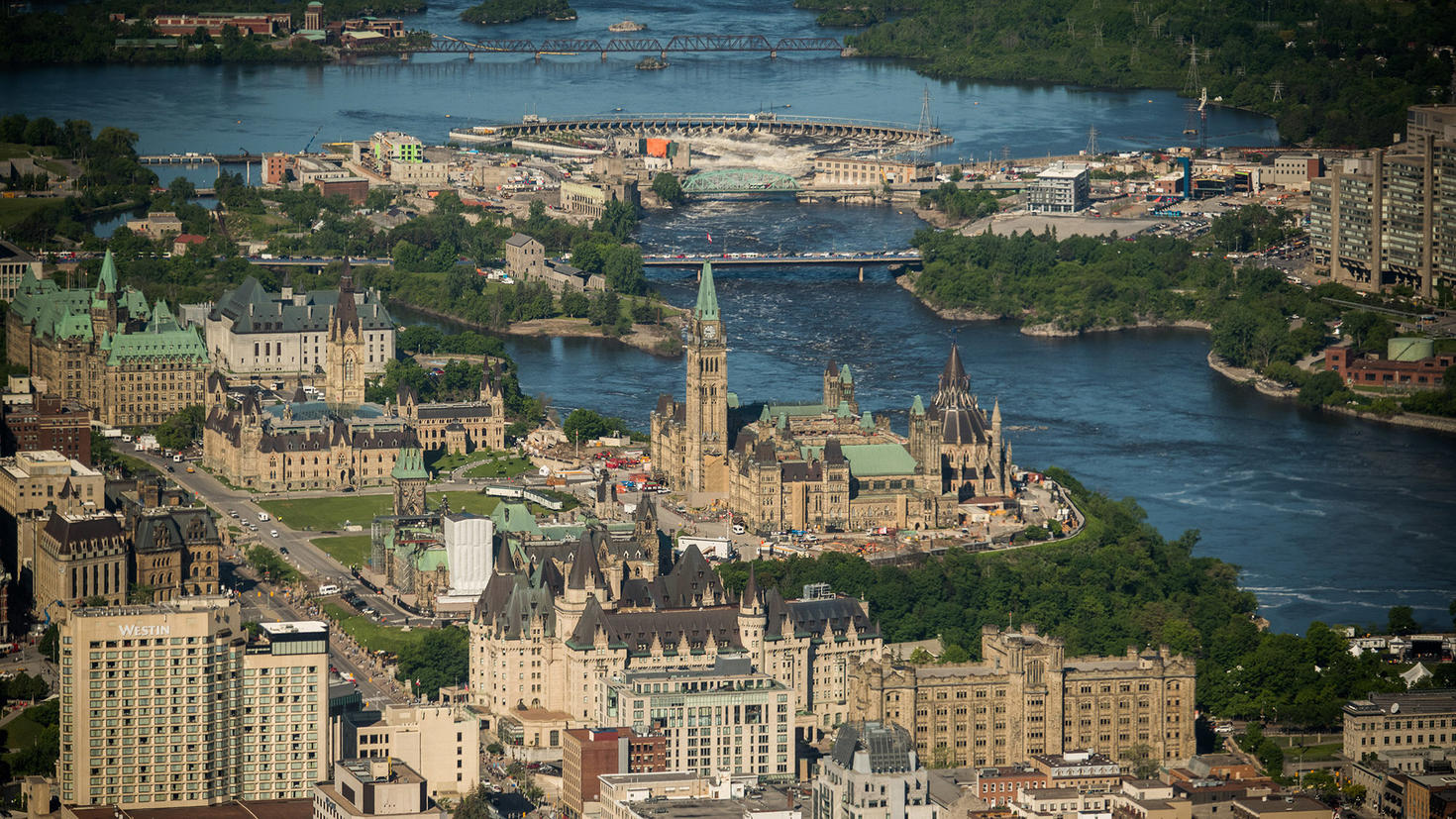 Aerial view of the Parliament of Canada, in Ottawa.