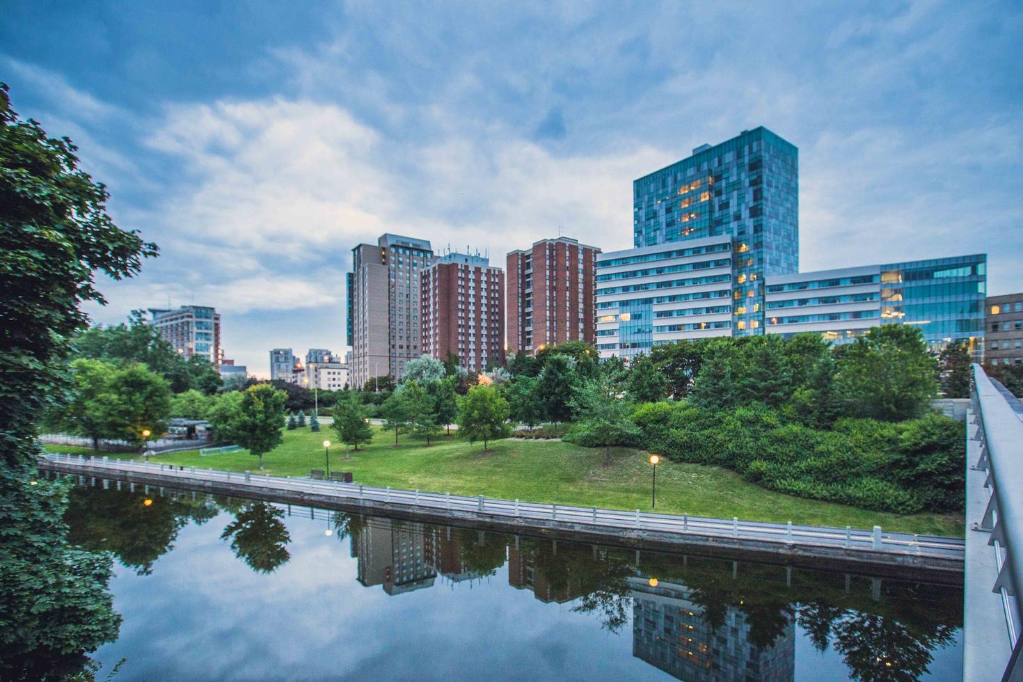 Aerial view of the Rideau canal with Residence complexe on the otherside of the river