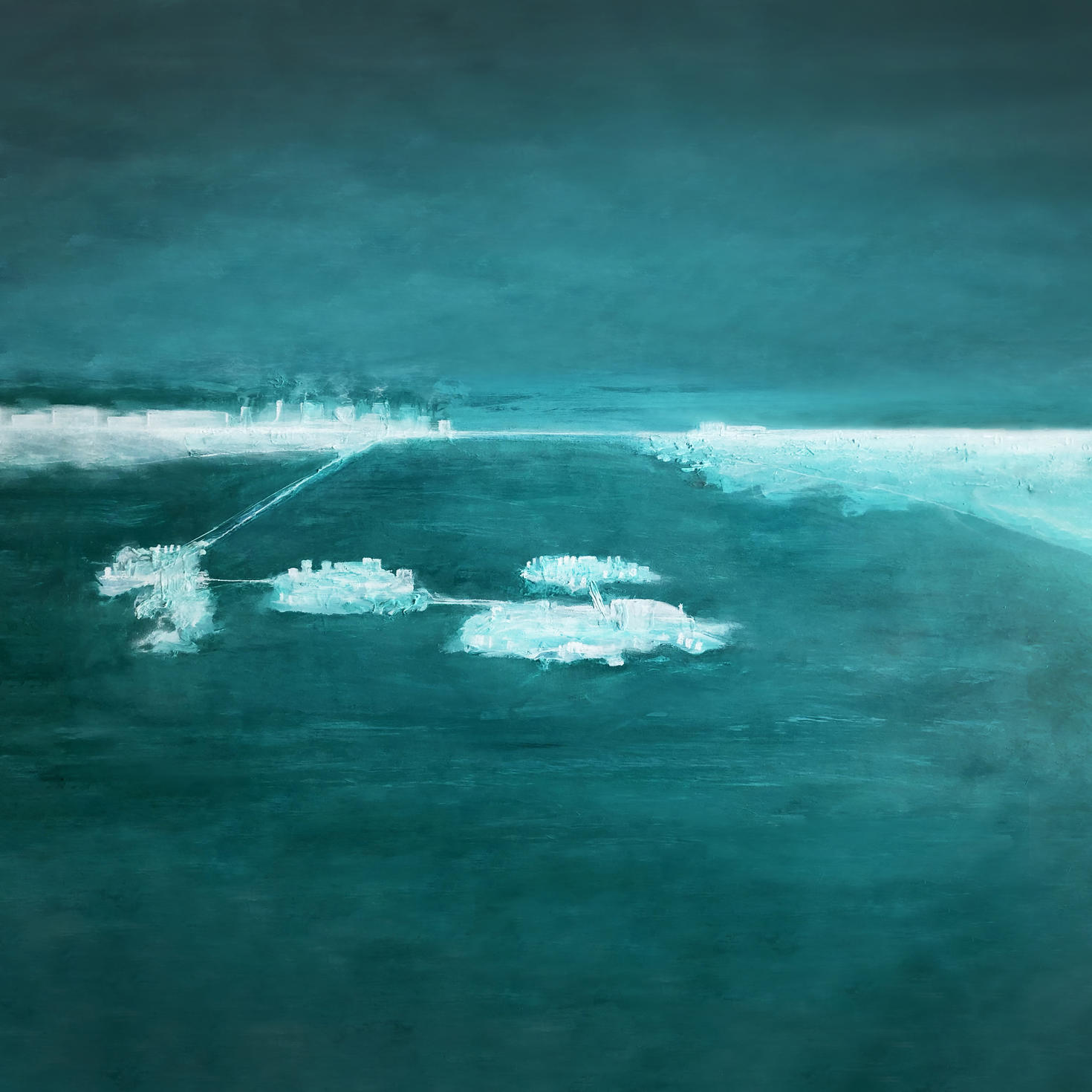 Abstract paining of cityscape in blues and whites.