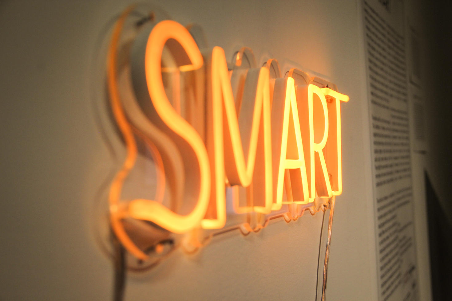Neon sign spelling the word smart.