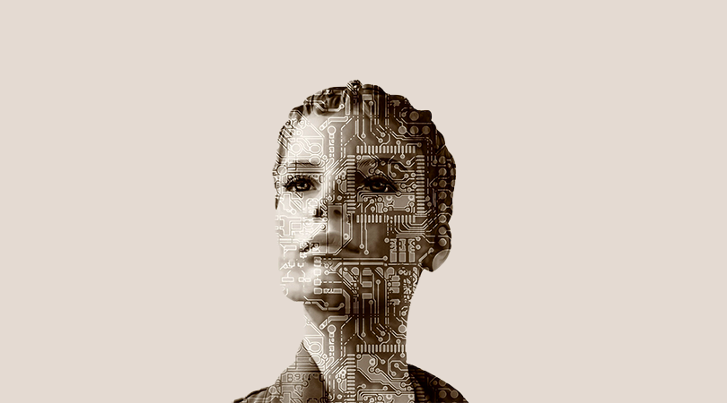 Woman with overlay of a computer chip on her head.