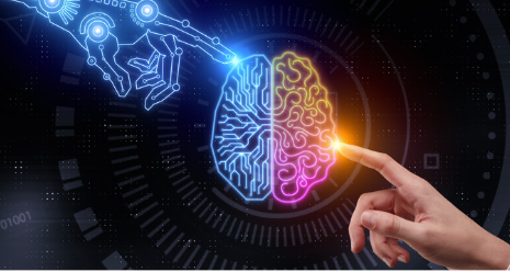 Drawing of a brain lit up with machine hand and real hand touching it, symbolizing AI.