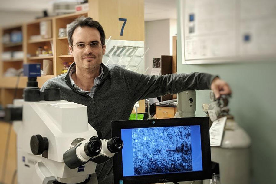 Researcher standing behind large microscope.