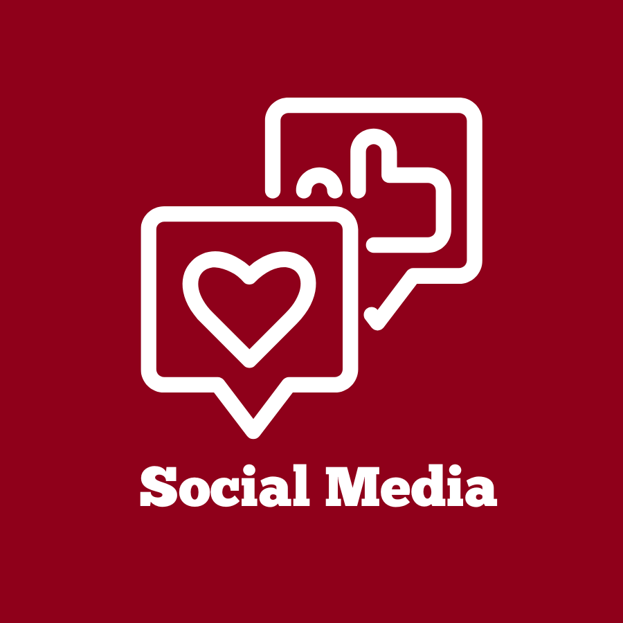Red background with a white social media icon and text that reads, "Social Media."