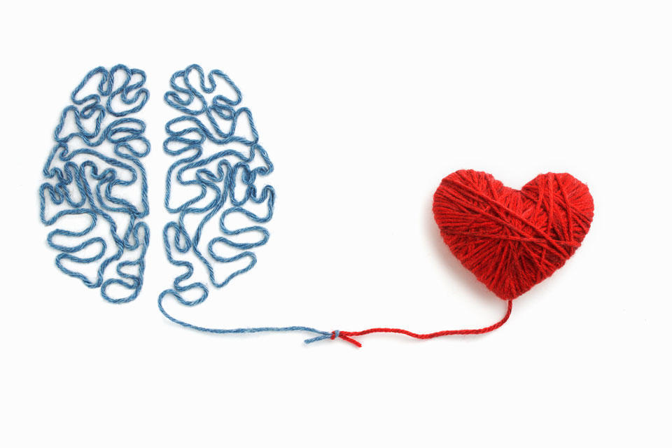 Brain and heart made out of yarn tied together with a knot