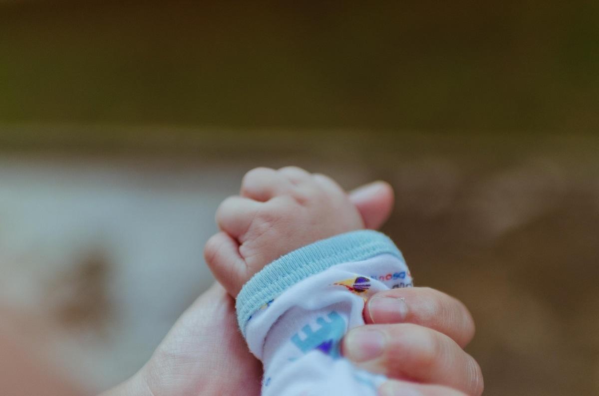 Baby's hand held by adult