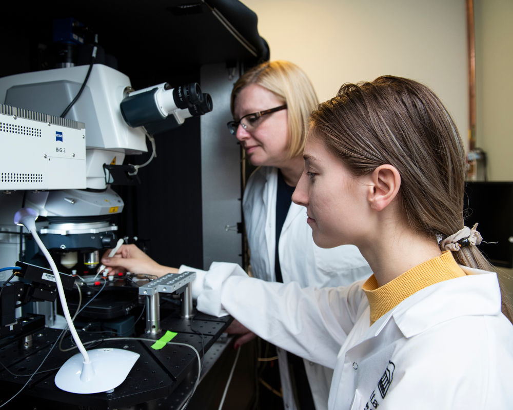 Dr. Katalin Toth looking at a microscope with her trainee.