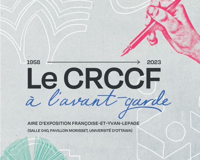 Poster of  the "CRCCF à l'avant-garde" exhibition with illustrations of an open book and a hand holding a pen.