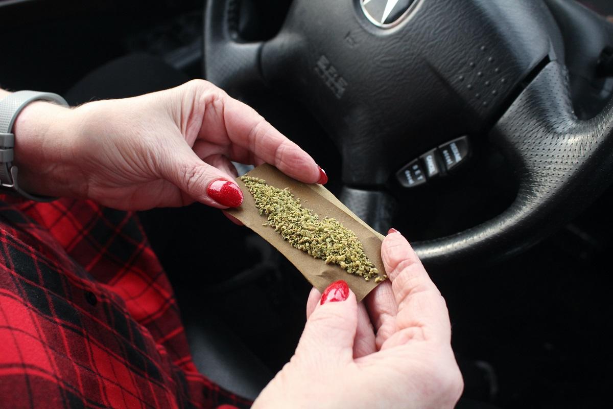 Woman rolling joint on top of car steering wheel