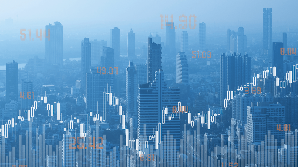 Histogram with data points on a skyscrapers backdrop