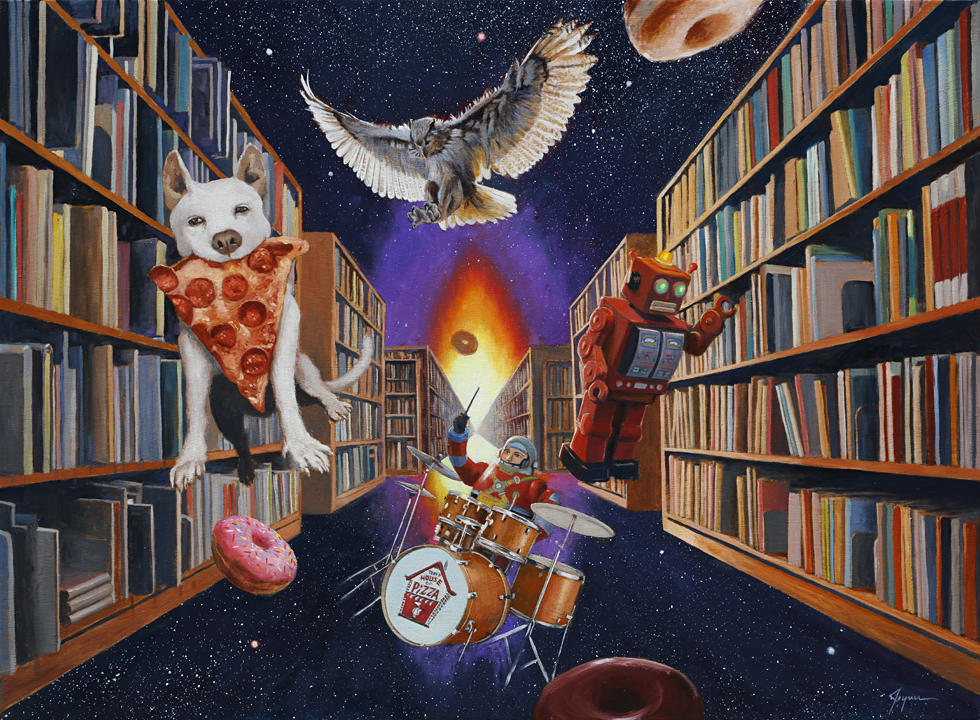 A surreal library painting by Eric Joyner with floating animals, books, and objects between bookshelves