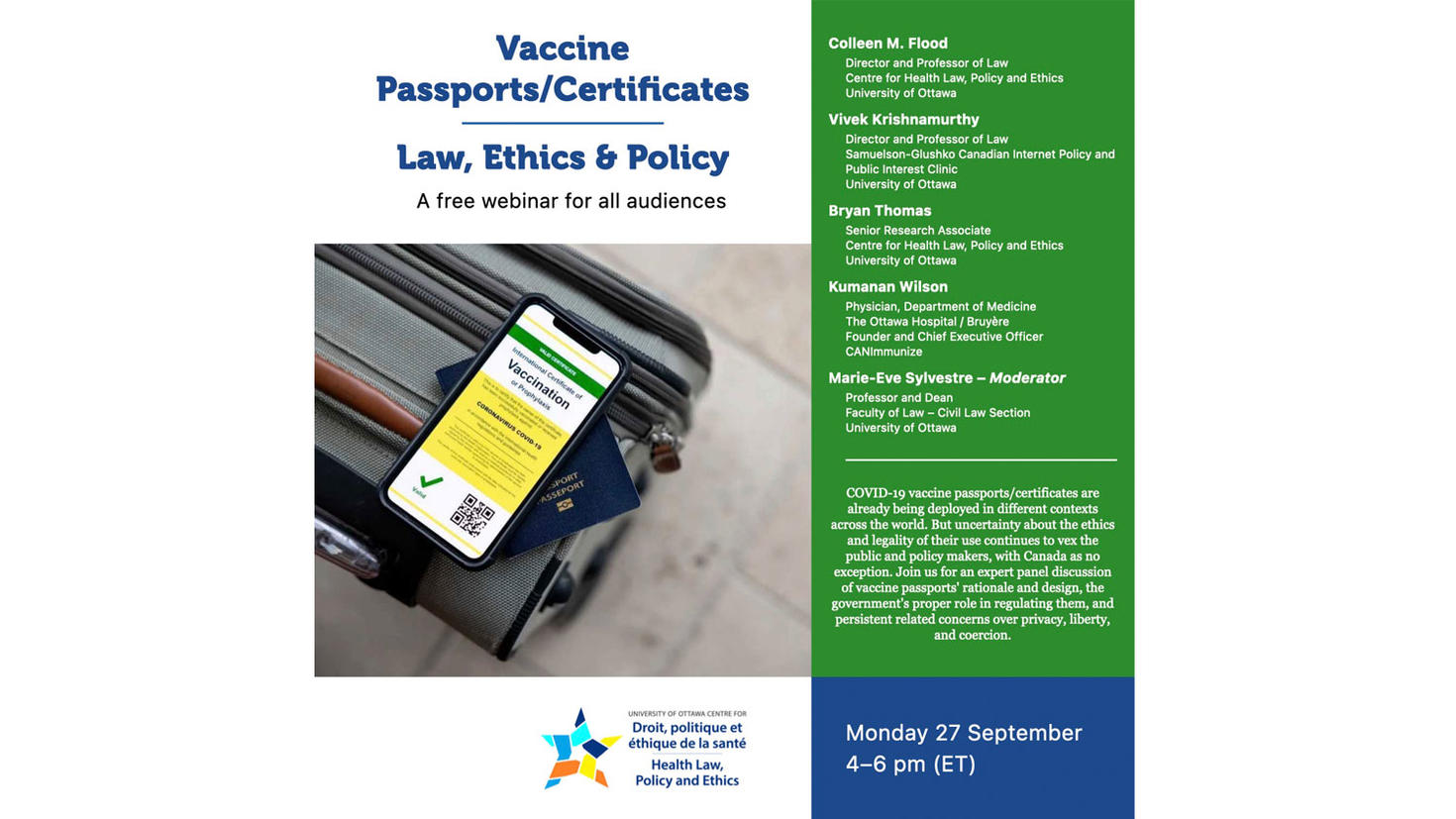 Poster for the event Vaccine Passports/Certificates: Law, Ethics & Privacy