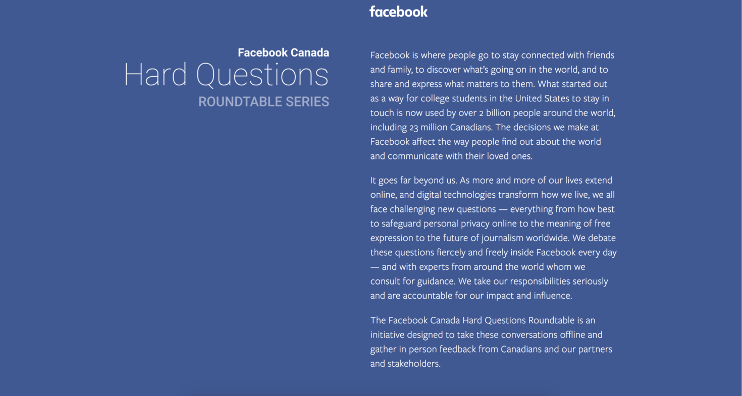 Poster for the event Facebook Hard Questions on Canadian Content and Culture in a Digital Age