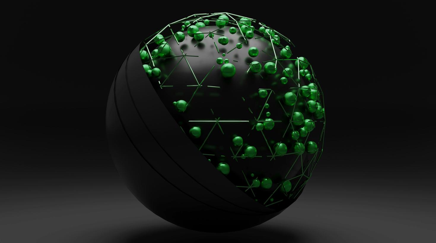 black sphere with green nodes and interconnected lines