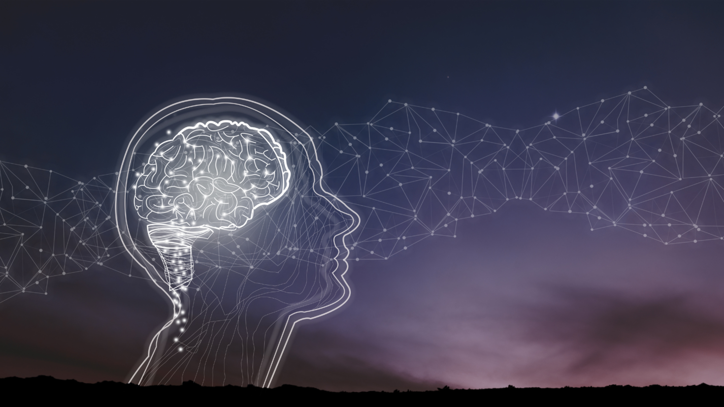 Graphic of a silhouette of a head with a glowing brain with a sky background.