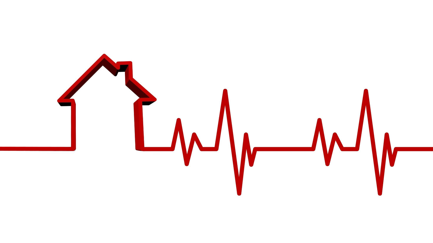 A heart rate monitor line that starts as a flatline, then forms the outline of a house, and finally resumes a normal heart rate pattern.