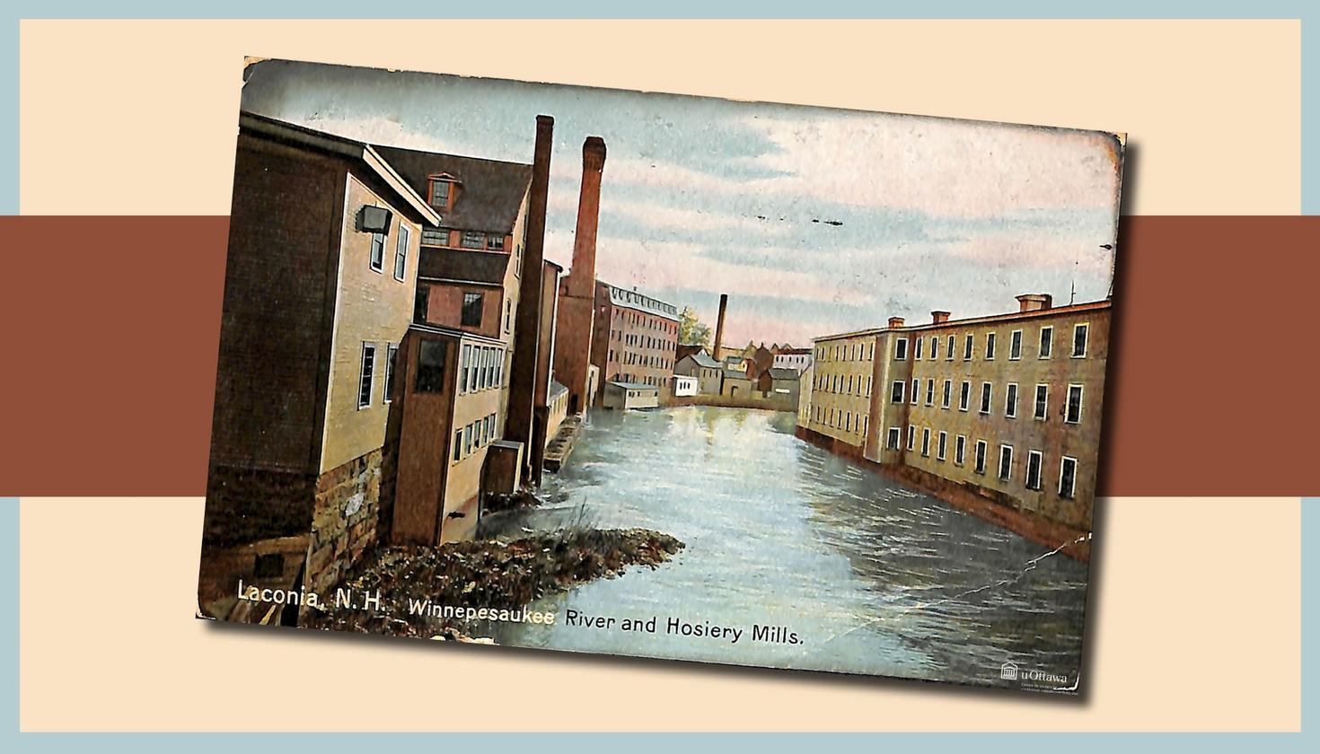Banner of the 2025 CRCCF Colloquium with an old postcard at the centre representing New England factories near a river, on a beige background with an horizontal brown stripe.