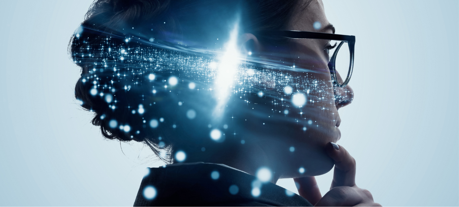 The back of a woman's head with a visual of network.