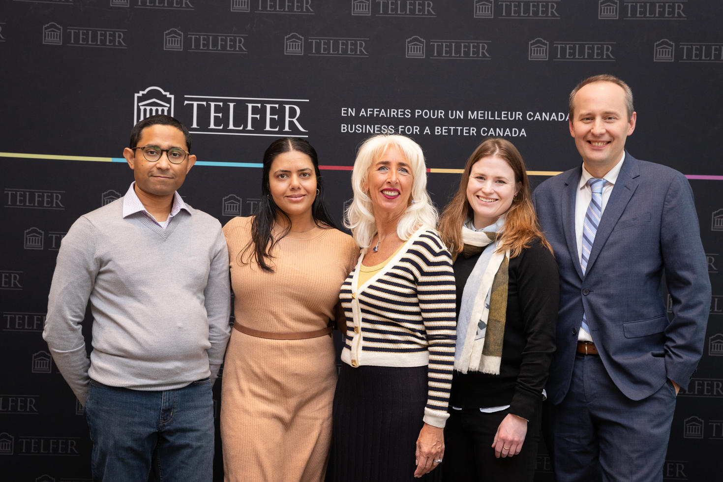 Peter Jaskiewicz, PhD candidates Amlan Datta and Ritu Virk, FELI supporter Patricia Saputo and PhD candidate Elizabeth Tetzlaff