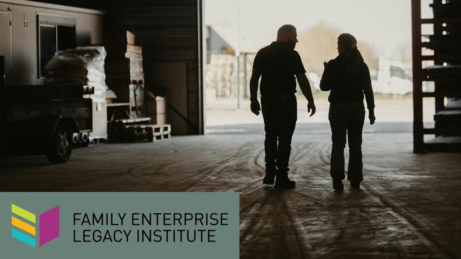 Family Enterprise Legacy Institute logo with a background image of two people walking in a warehouse