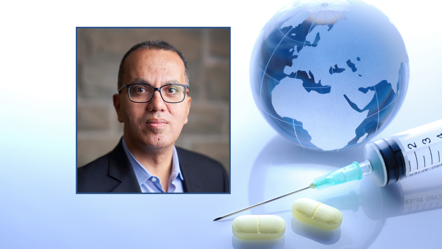 Professor Bassem Awad inset. Background of glass globe, syringe and 2 yellow pills
