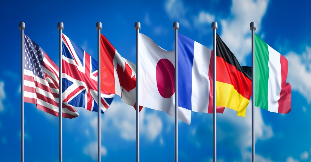 Various country flags flapping in wind