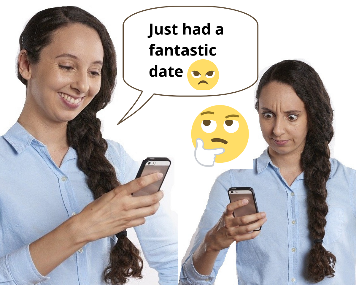 Smiling woman sending positive text with negative emoji and woman receiving it looking dismayed