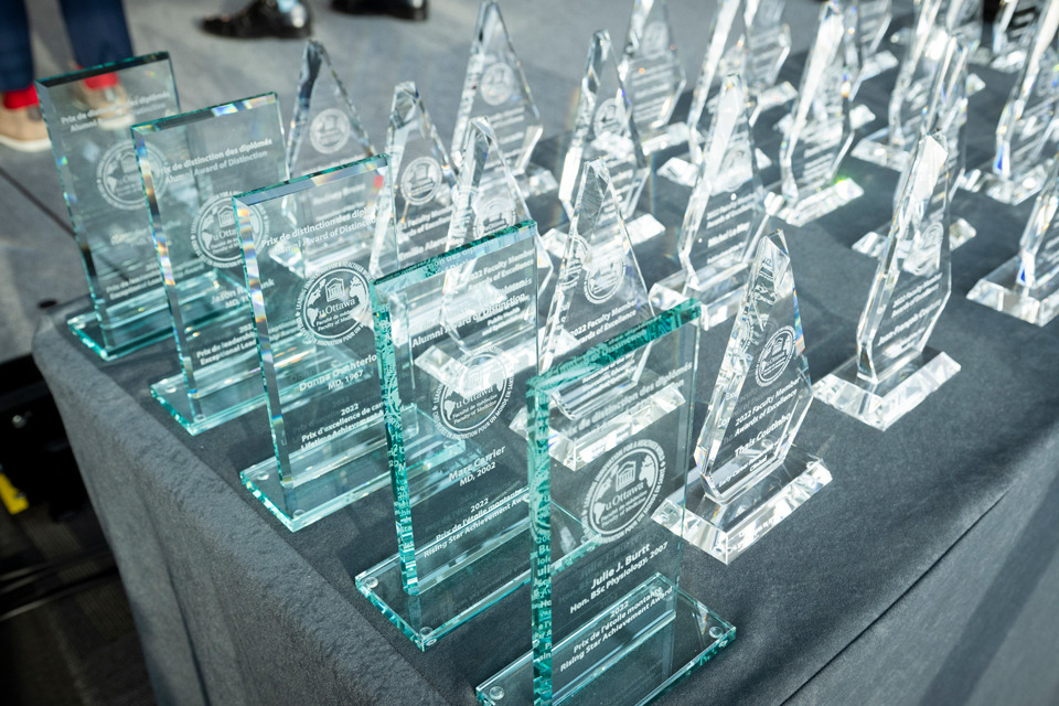 Glass awards on a table