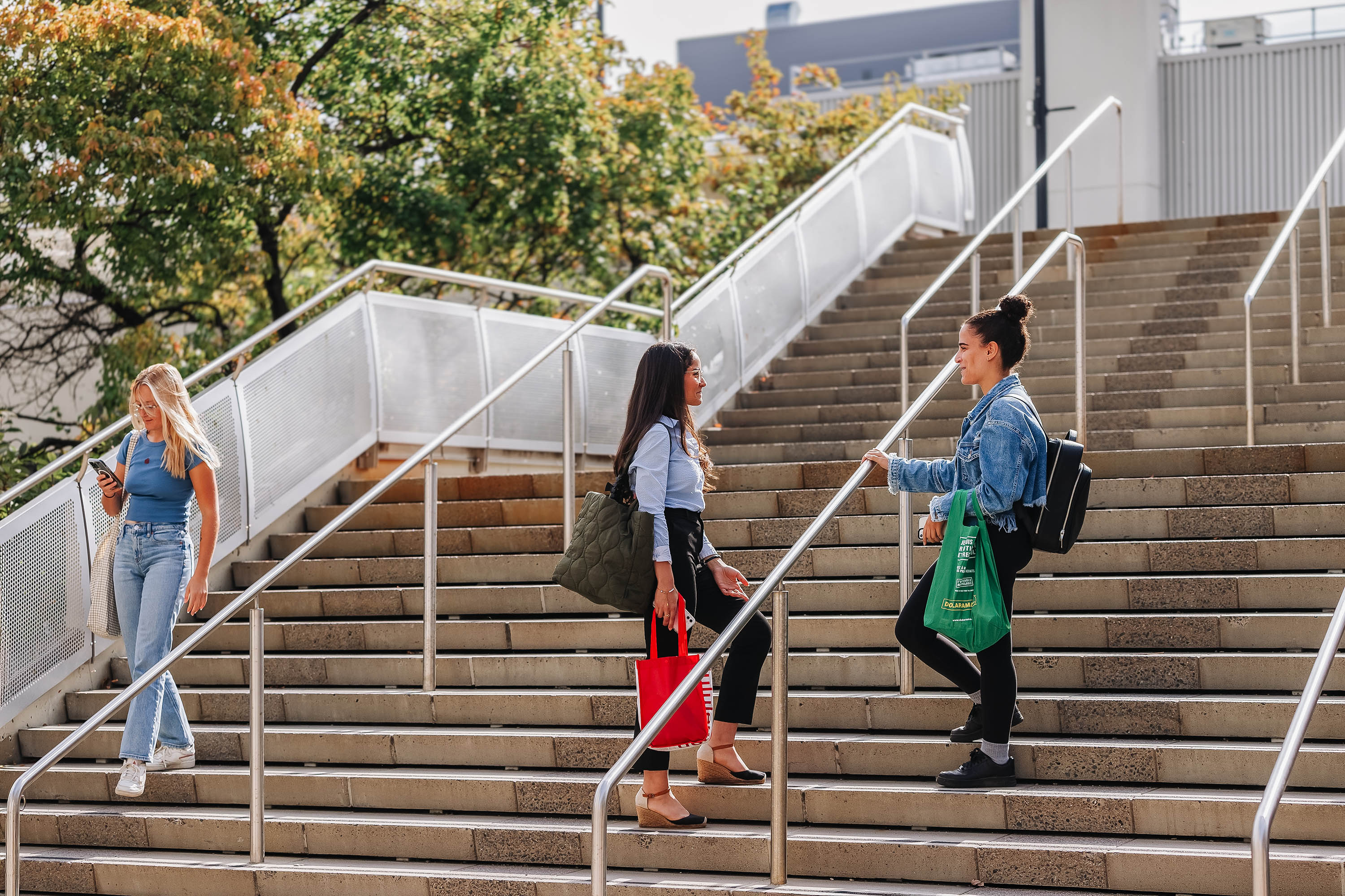 Students chatting in the stairs on campus