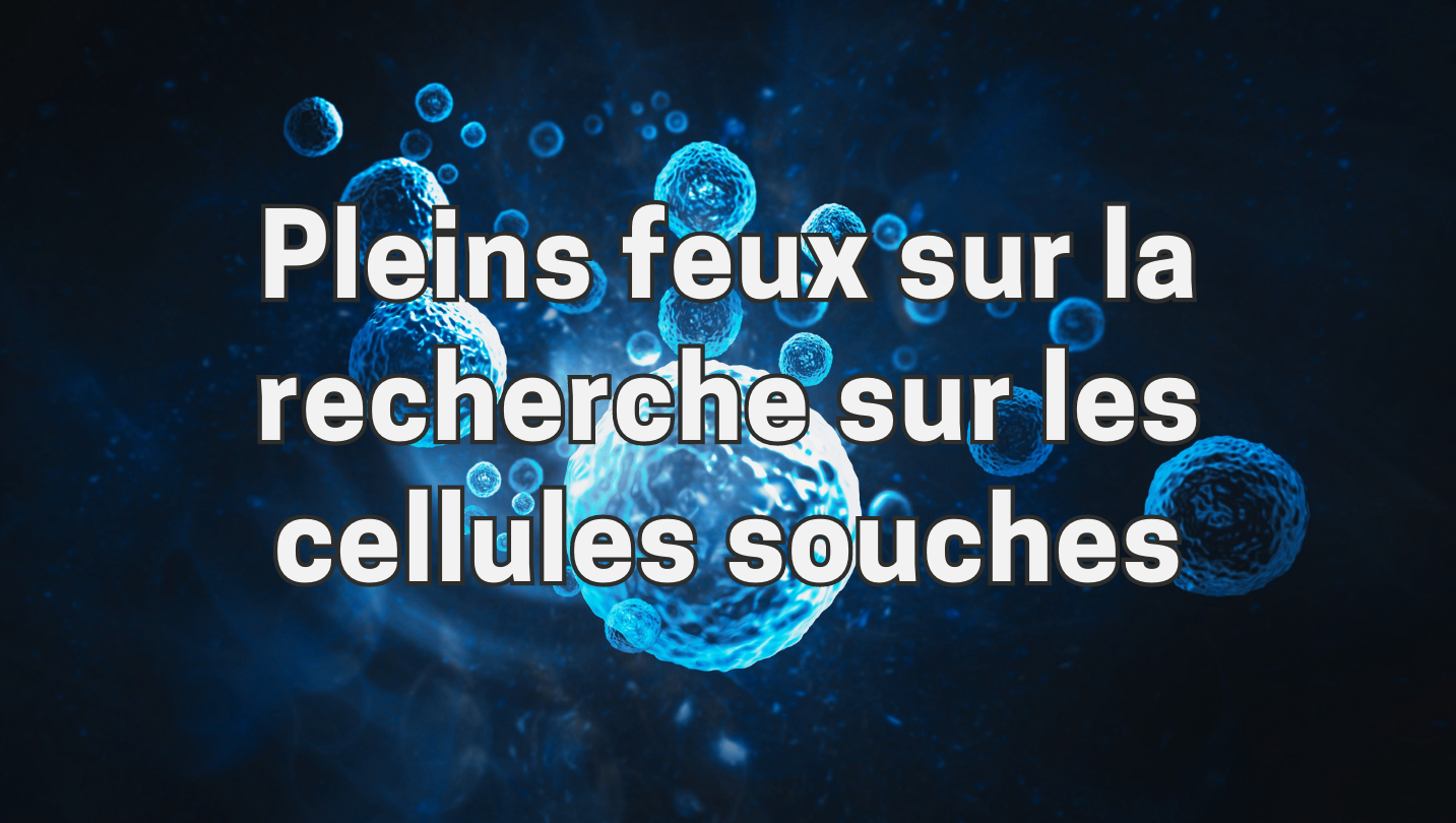Fond bleu avec un dessin numérique de cellules souches. Le texte se lit comme suit : Pleins feux sur la recherche sur les cellules souches