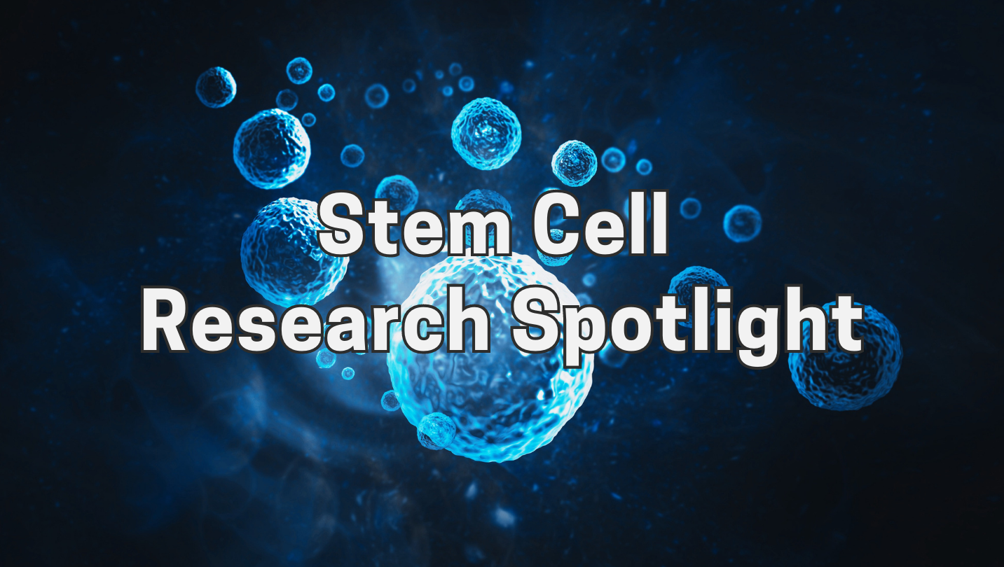 Blue background with digital art of stem cells. Text on top reads, "Stem Cell Research Spotlight."