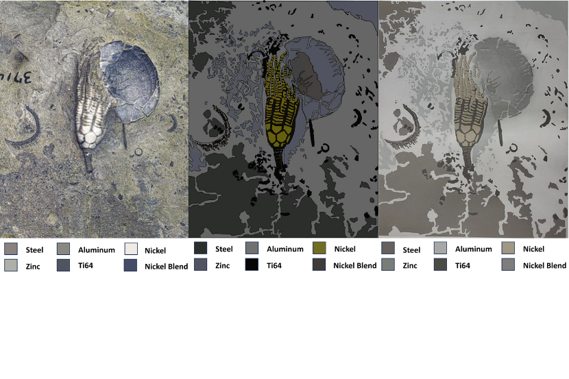 From left to right: Original crinoid fossil photograph, CAD mask and powder palette planning and final CGDSed art piece.