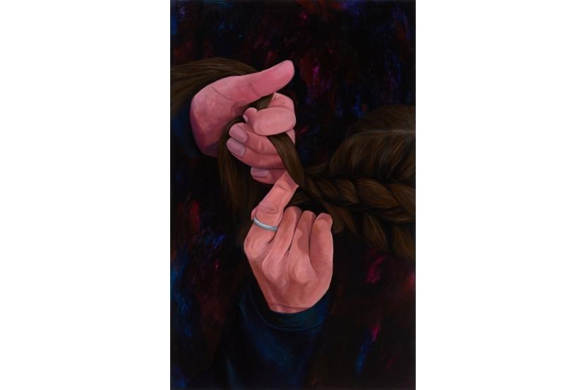 Artwork by Jessica Winters titled Hair Braiding Booth, 2022. Acrylic on paper.