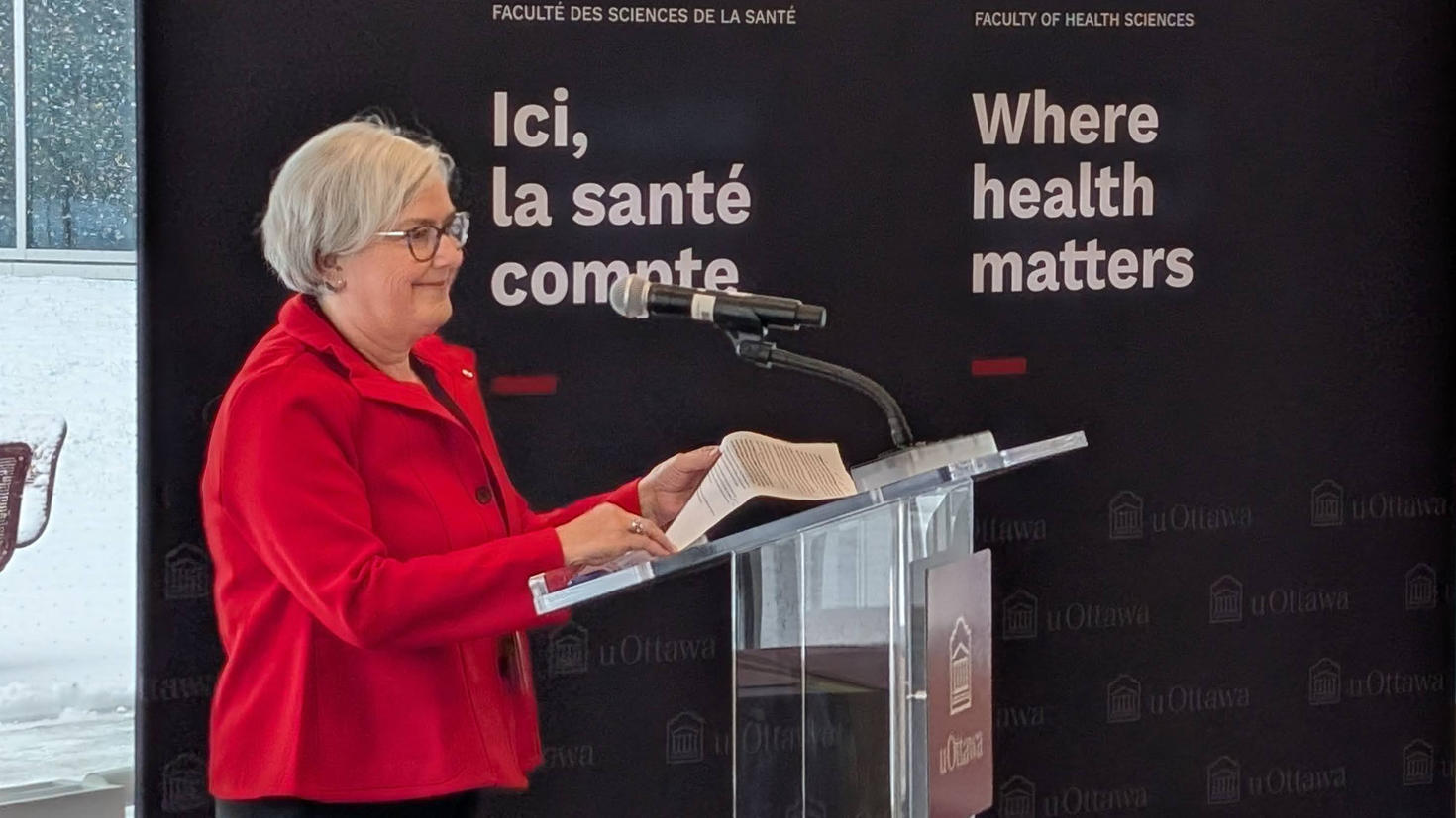 Distinguished Professor and vice-dean, Research Dawn Stacey standing at the podium