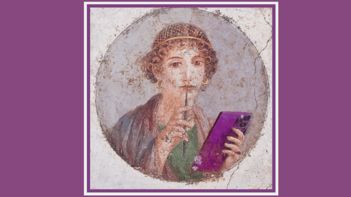 Ancient cracked tile showing a Greek woman holding a tablet and stylus, looking thoughtful.