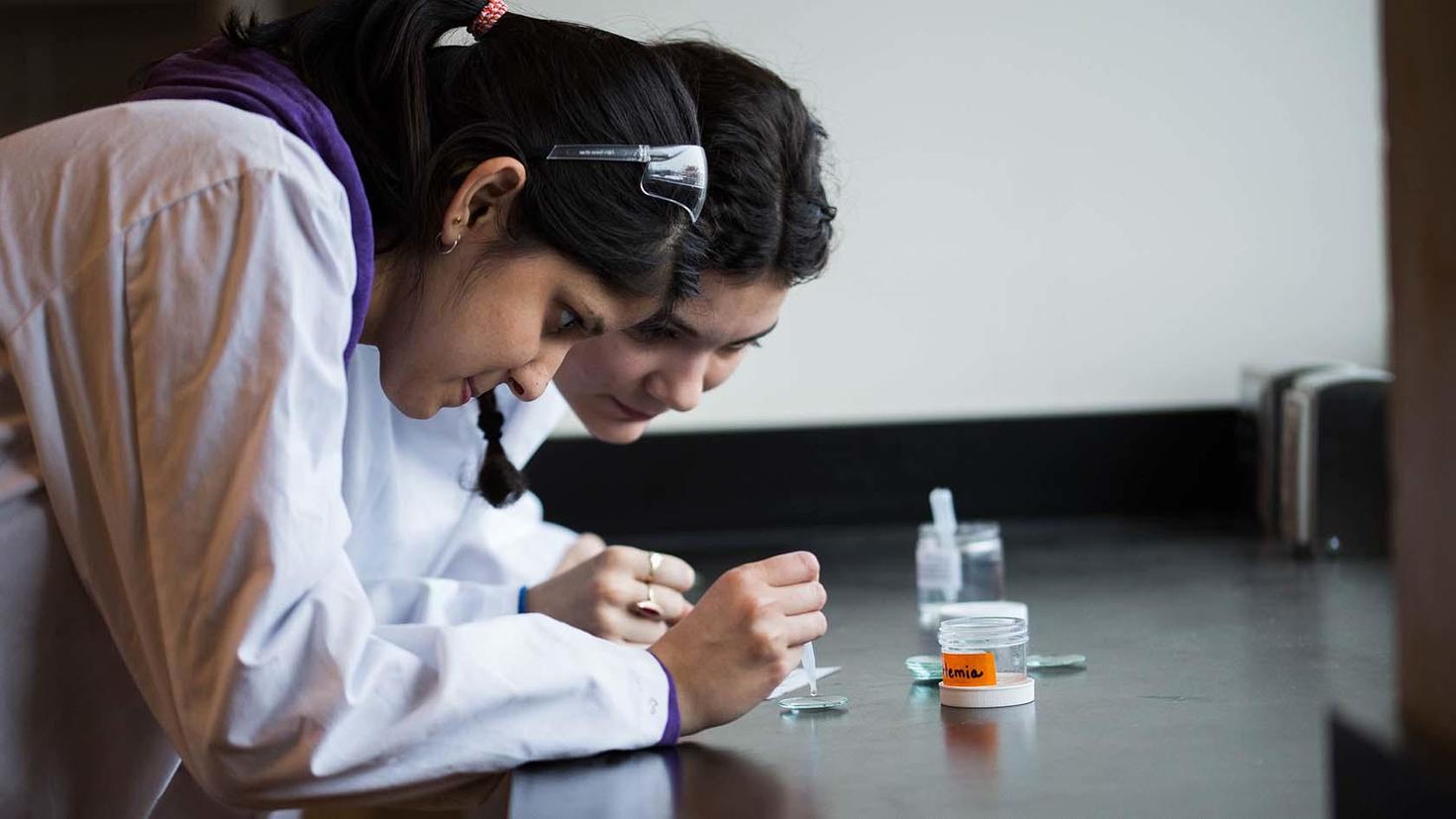 Two female students working in a lab