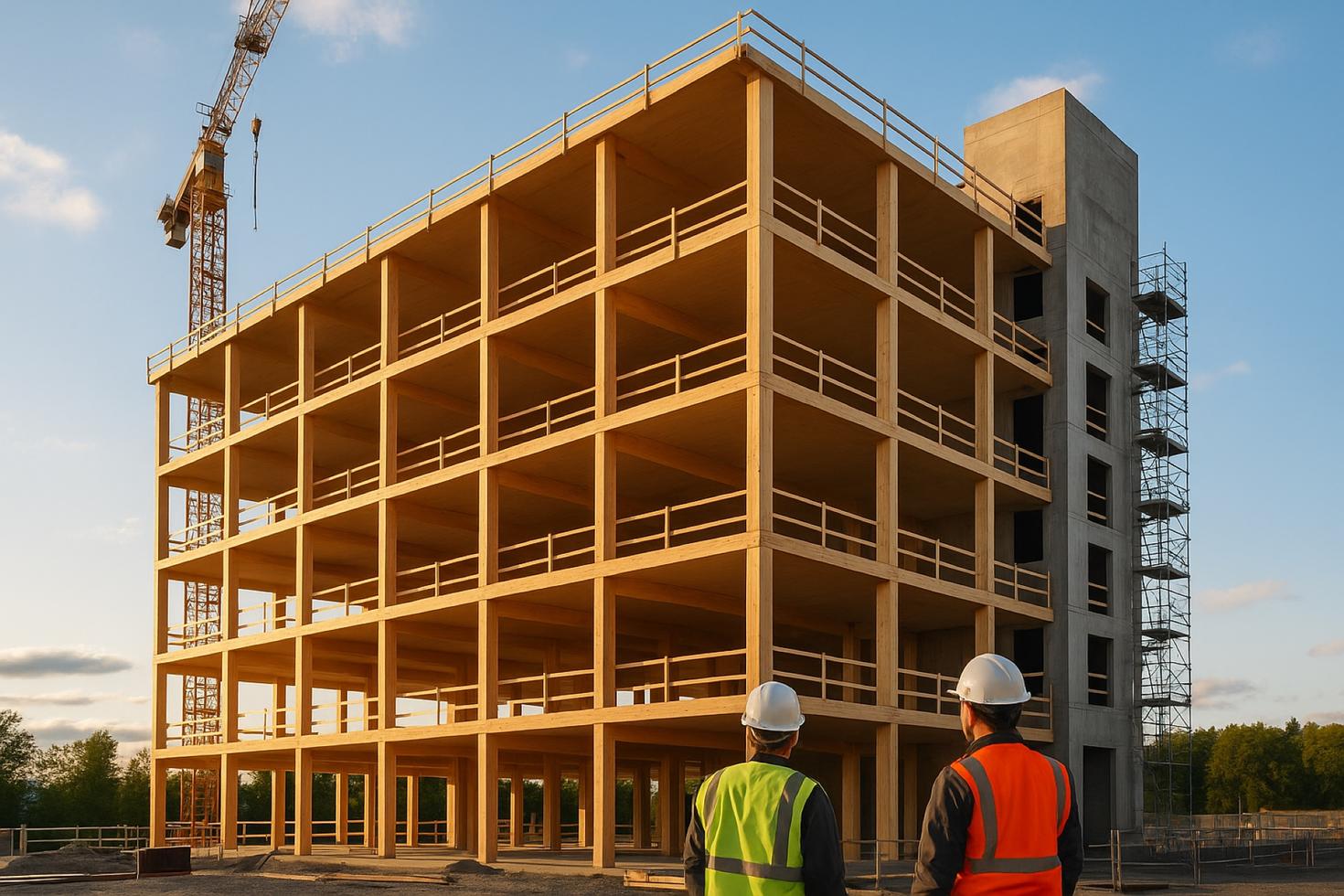 Deux ouvriers du bâtiment devant un immeuble.