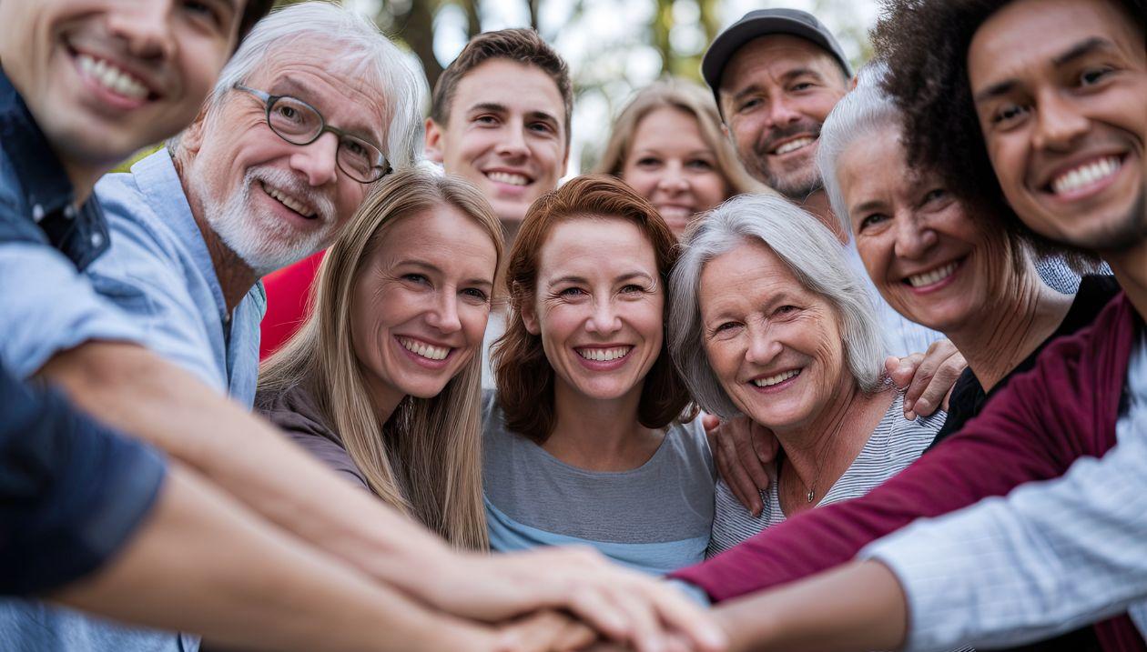 Diverse group of people of all ages and backgrounds smiling together.