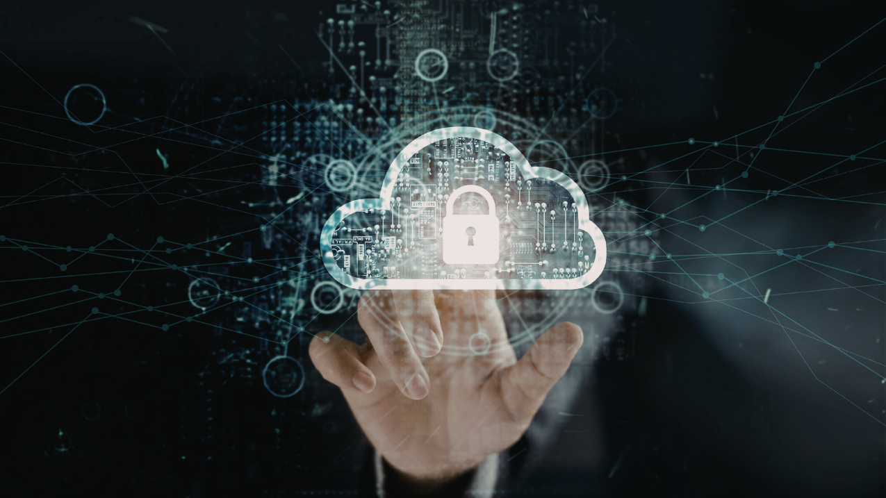 A hand reaching for secured information on the cloud.