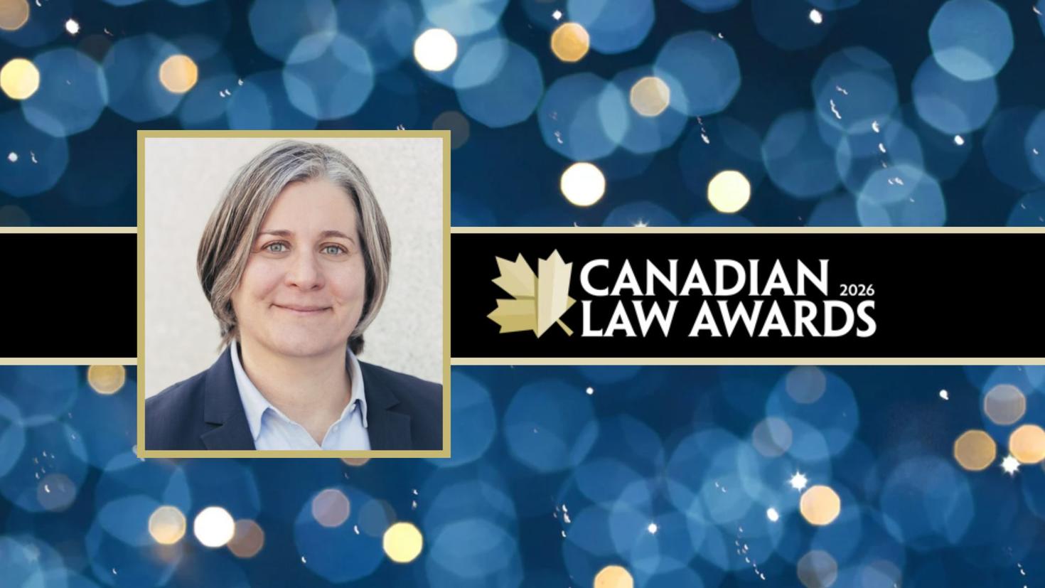 A woman inset against a sparkly blue background with the logo from the Canadian Law Awards
