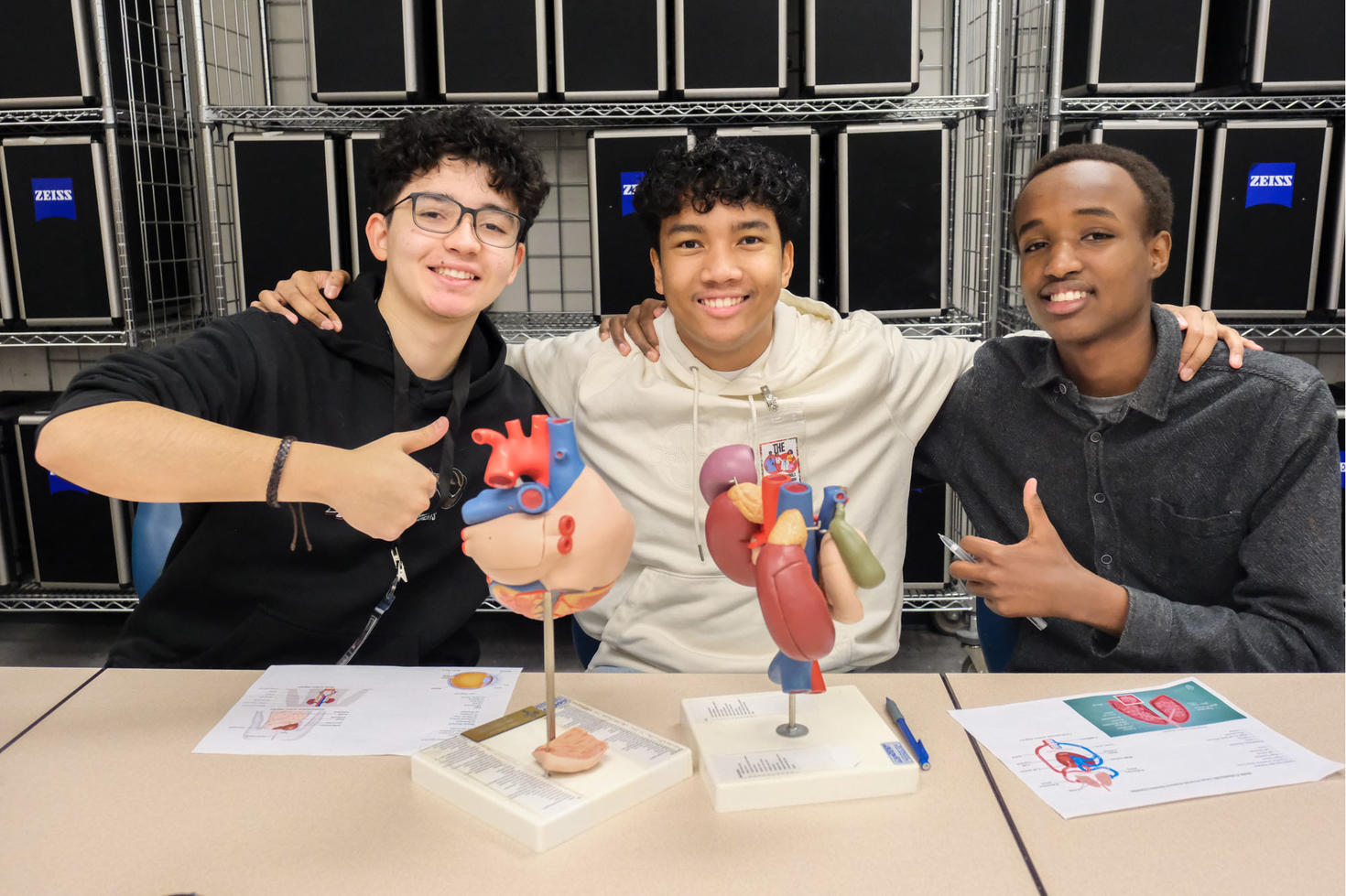 Trois jeunes personnes étudiantes sourient tout en travaillant avec des modèles anatomiques sur une table.