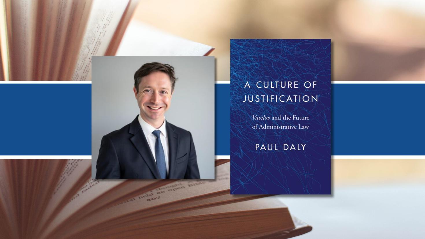 Portrait of a male professor and image of a blue book