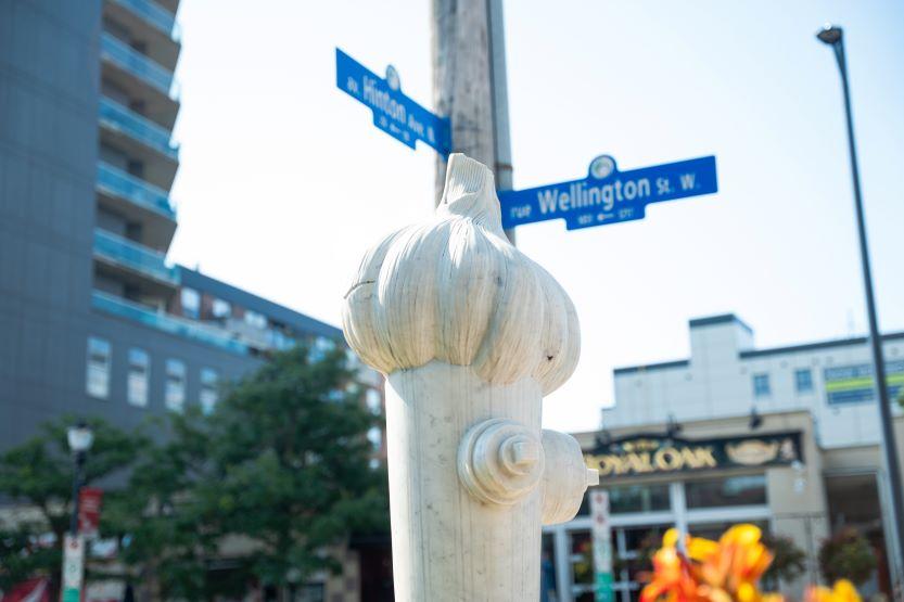 A street sign that shows the corner of Wellington Street West and Hinton.