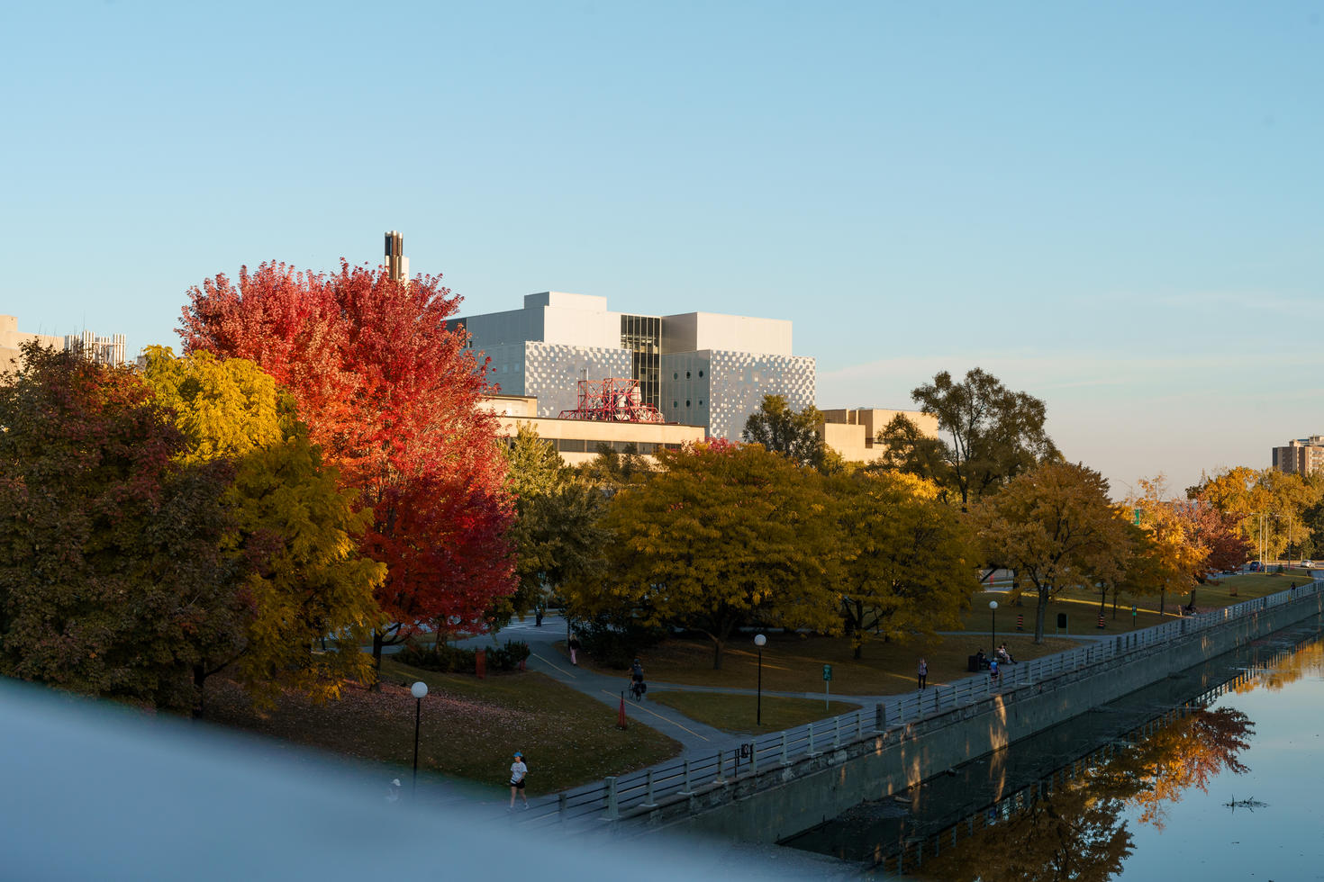 Picture of the rideau canal and trees in fall with the STEM building in the background