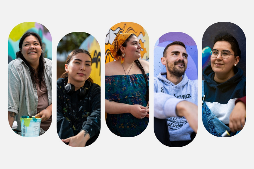 From left to right: Victoria Ransome (Kanien'kehá:ka, Akwesasne First Nation), Miskomin Twenish (Algonquin, Kitigan Zibi Anishinabeg), Bre Quinon (Metis, Manitoba), Chris Chipak (Cree, Red Pheasant Cree Nation) and Aija Komangapik (Inuk).