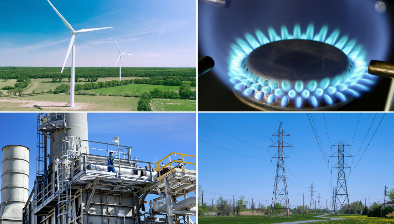 A collage of energy sources - wind, natural gas, oil, and hydro electricity