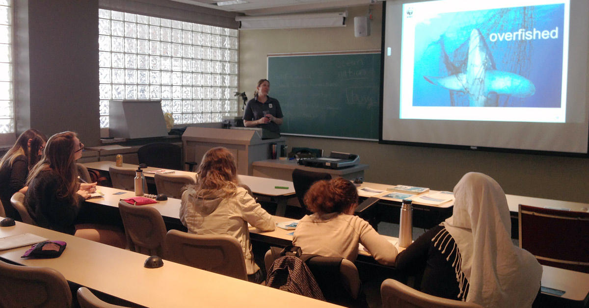 Des élèves écoutent attentivement une présentation vidéo sur les océans lors d’un mini-cours.